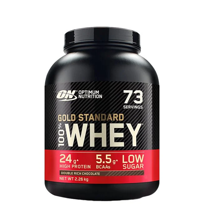 Burk med 100 % Whey Gold Standard Vassleprotein 2273 g i smaken Double Rich Chocolate. 