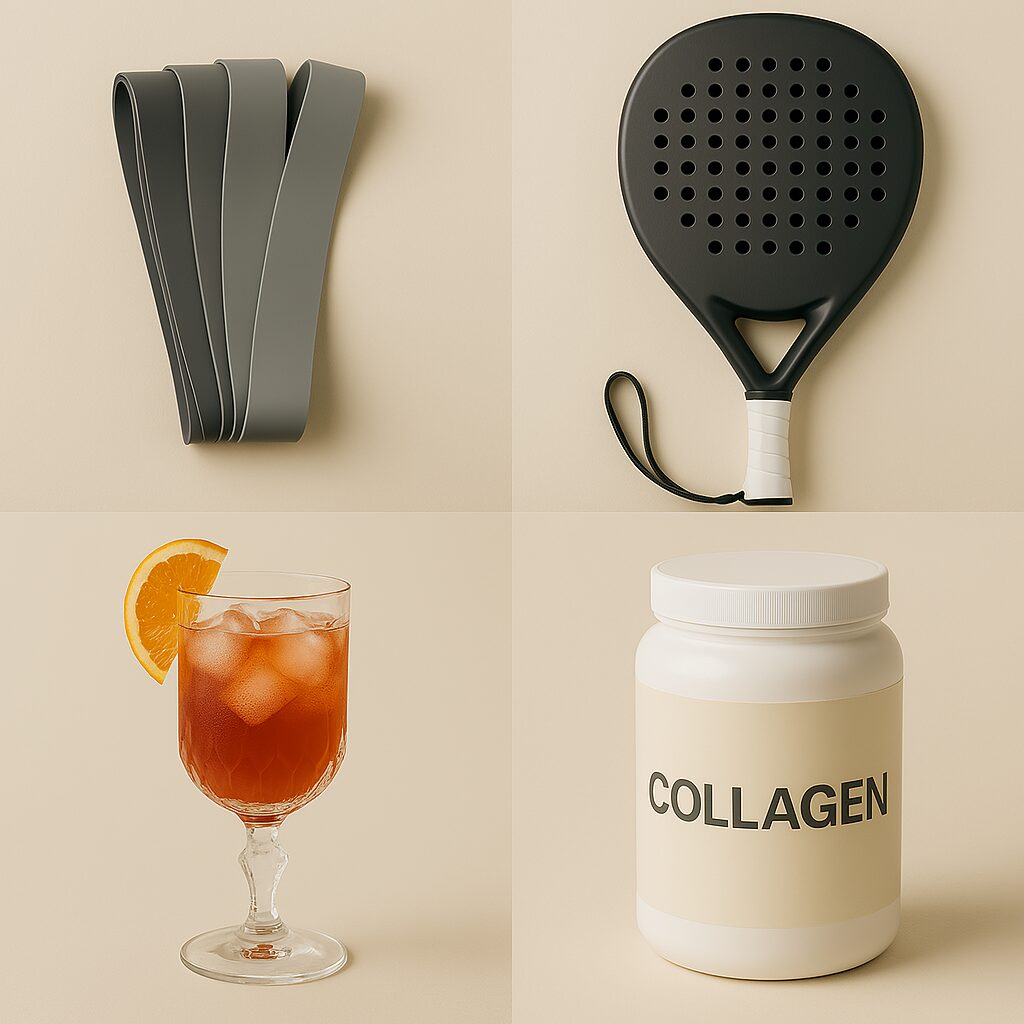 Collagebild med träningsband, padelracket, mocktailglas och kollagenburk – symboliserar aktiv semester, fräsch njutning och hudhälsa.