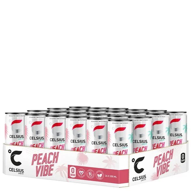 Celsius Peach Vibe energidryck 355 ml – burk med vit persikodesign mot vit bakgrund.