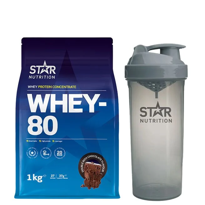 Whey-80 proteinpulver 1 kg och Star Nutrition shaker 800 ml – stilren kombination för träning och återhämtning.
