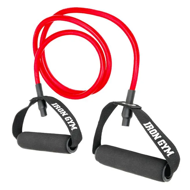 Rött träningsband med svarta skumhandtag och remmar från IRON GYM, liggande på vit bakgrund.