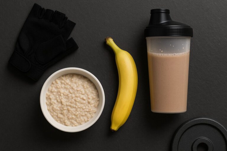 Flatlay med banan, havregryn och proteinshake – mat före och efter träning.