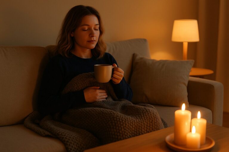 Person som minskar oro hemma genom lugn kvällsstund i soffan med te och tända ljus.