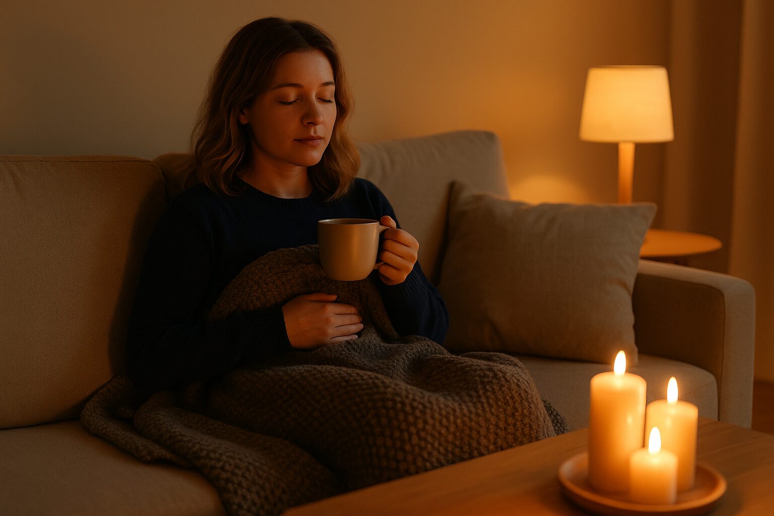 Person som minskar oro hemma genom lugn kvällsstund i soffan med te och tända ljus.