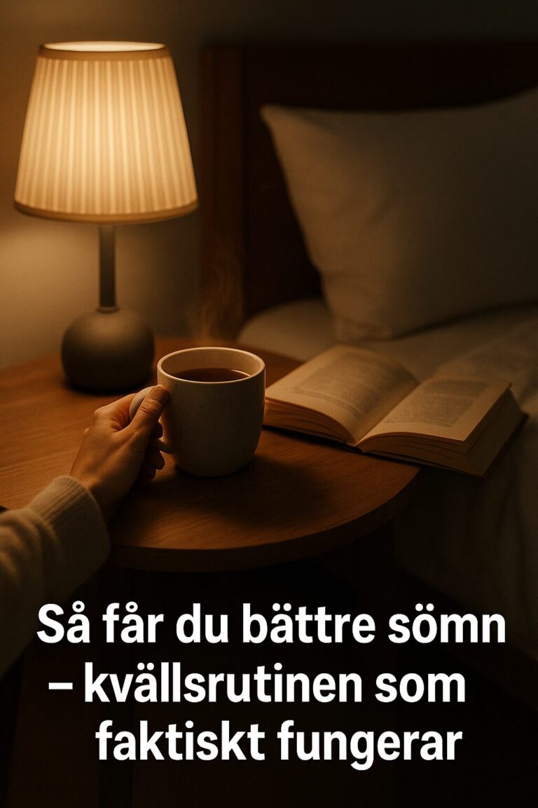 Person håller en kopp te vid sängbordet med mjukt ljus och öppen bok, symbol för lugn kvällsrutin.