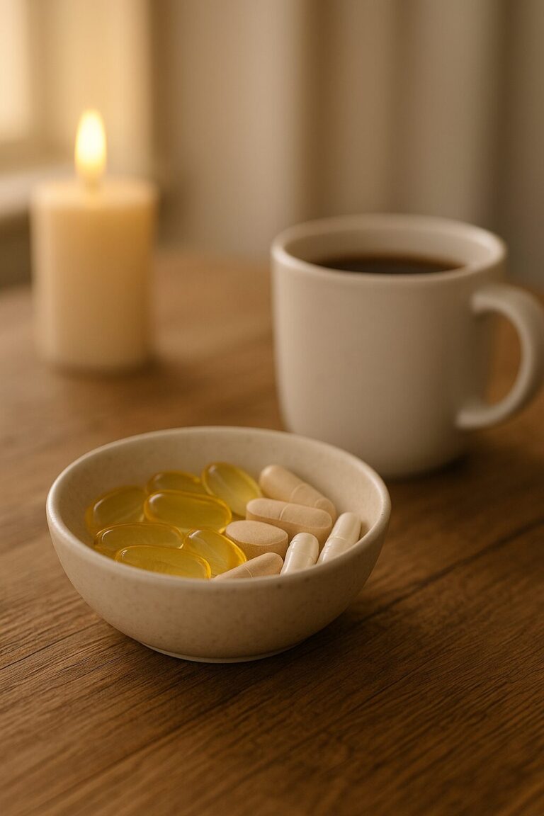 Skål med kosttillskott som D-vitamin, magnesium och B12 på köksbord i varmt höstmorgonljus bredvid kopp kaffe och glas vatten.