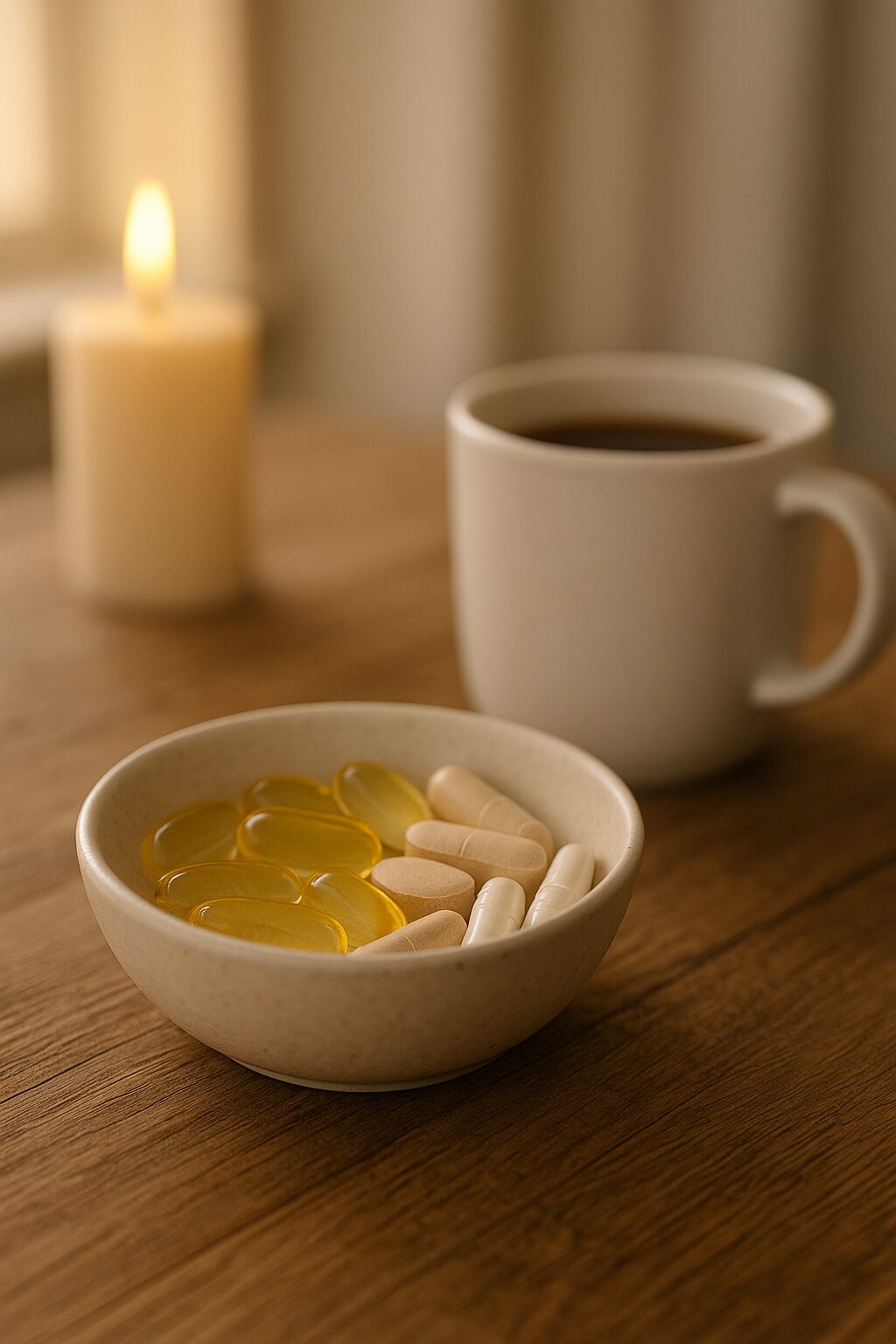 Skål med kosttillskott som D-vitamin, magnesium och B12 på köksbord i varmt höstmorgonljus bredvid kopp kaffe och glas vatten.