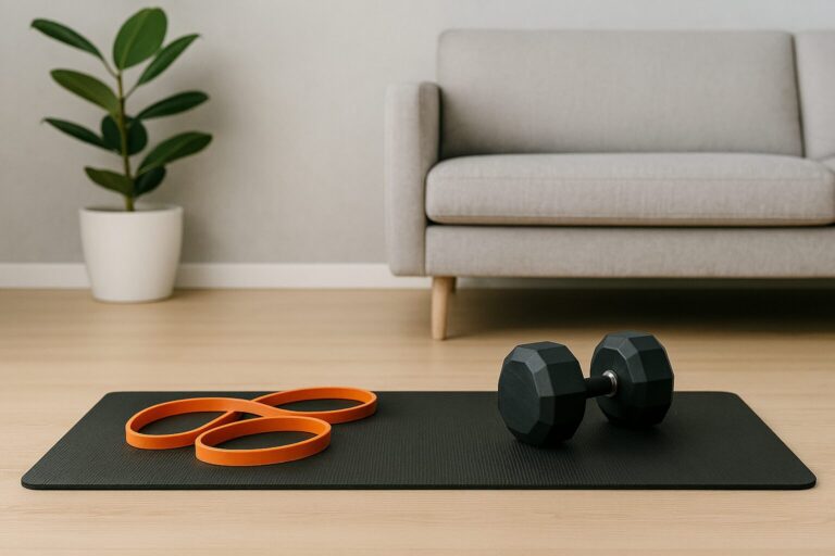 Minimalistisk hemmaträningsmiljö med hantlar och powerbands – perfekt för att kickstarta 2026 med tidseffektiv styrketräning
