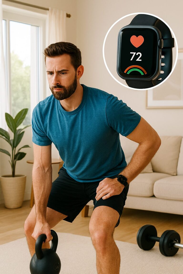 Man tränar hemma med kettlebell och smartwatch – fokus på smartwatch motivation 2026