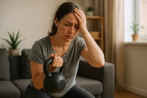 vuxen som ser för trött för att träna ut men försöker träna hemma med kettlebell