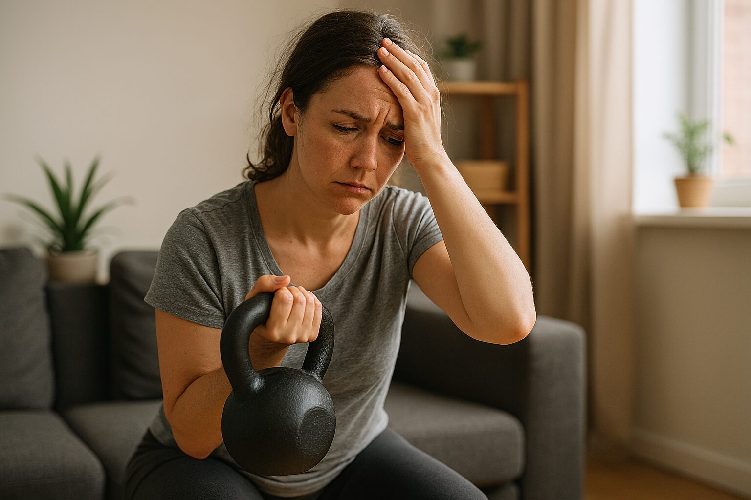 vuxen som ser för trött för att träna ut men försöker träna hemma med kettlebell